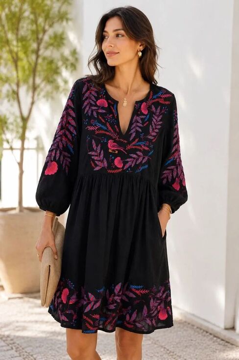 Anthropologie Dresses & Skirts - Maeve Anthropologie Embroidered Bird Floral Boho Tunic Dress Black Large